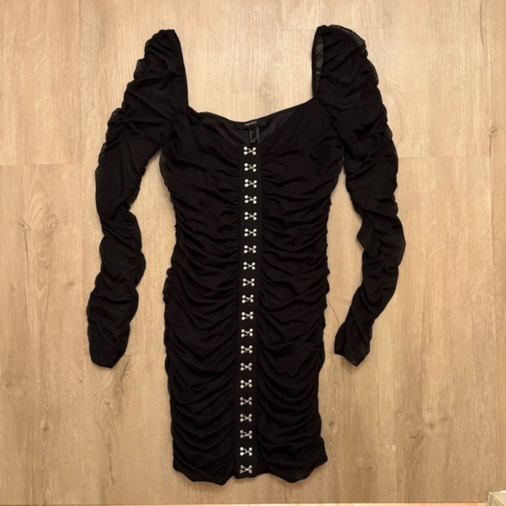 Forever 21 Sexy Black Ruched Mesh Mini Dress Long Sleeves Medium